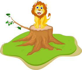 cute lion cartoon sitting on tree stump