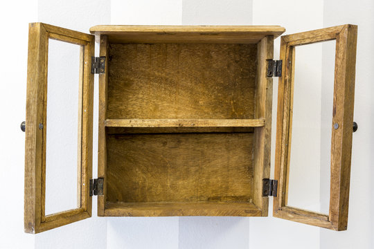 Empty rustic wall mounted display cabinet, horizontal. 