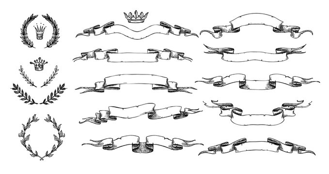 Hand drawn vector illustration - set of ribbons, laurels and oth