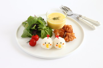 One Plate Healthy Meal with Chicken Shaped Rice ball