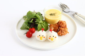 One Plate Healthy Meal with Chicken Shaped Rice ball