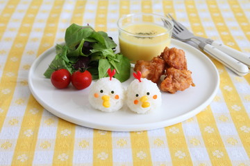 One Plate Healthy Meal with Chicken Shaped Rice ball