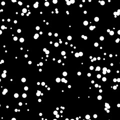 Black abstract background with seamless random white circles, dots, film grain, noise, dotwork, grunge texture for design concepts, banners, posters, web, presentations and prints. Vector illustration