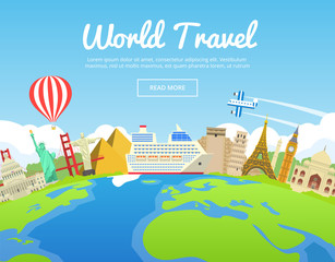 World travel famous monument concept. Landmarks grouped on planet Earth. Journey, vacation and tourism modern flat design background. Website template. Vector illustration