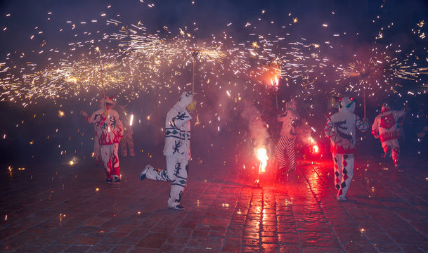 Traditional correfocs (fire runs) performance in Reus (Spain).