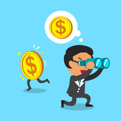 Cartoon businessman look for money in wrong direction