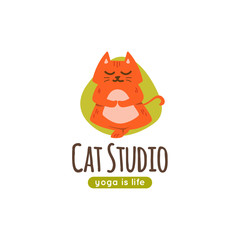 Vector logo with cute cartoon cat standing in yoga pose.