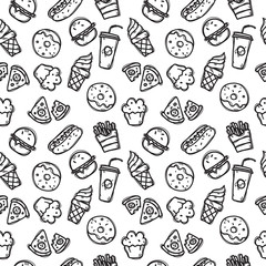 Vector seamless pattern with fast food objects.