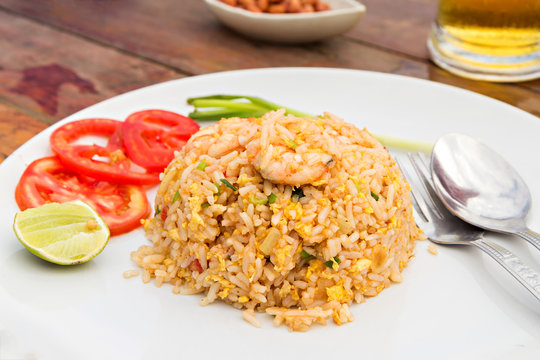 Fried rice with shrimp and side dishes