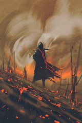 Naklejka premium man in black cloak standing against burning forest,illustration painting