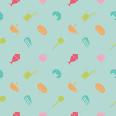 Sweet seamless pattern. Party food and deserts: ice cream, juice, croissant, lollipop, cupcake, popsicle, chocolate, milkshake, donut, pie, cake, coffee, cappuccino. Vector seamless background flat