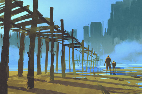man and child walking under the old wooden pier,illustration painting