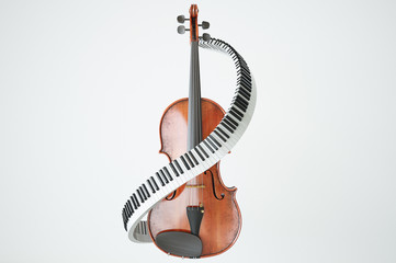 Aged violin and piaone keys concept. 3D rendering