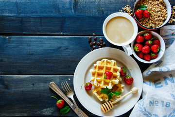 Breakfast table with waffles