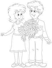 Loving couple with a bouquet of flowers