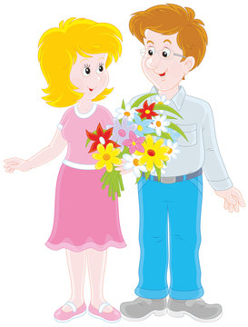 Loving couple with a bouquet