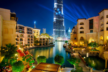 Famous downtown area in Dubai at night. United Arab Emirates.