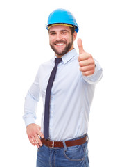 Worker in blue helmet