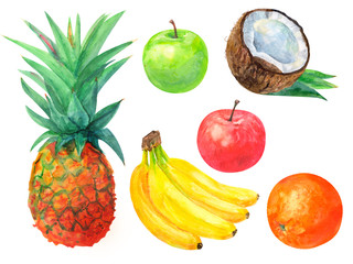 set of tropical fruit, pineapple, bananas, oranges, apples, red and green, on a white background, watercolor painting, realistic illustration