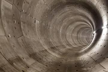 Round concrete elements of a built subway tunnel under construction. This tunnel is part of the...