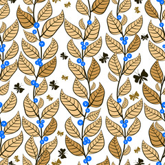 Seamless pattern with gold leaves and blue berries.