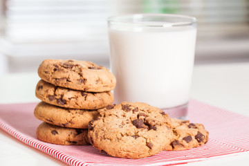 Stack of Chocolate chip cookie and glass of milk. Selective focus.