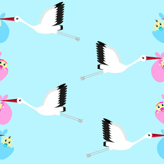 Seamless background with storks carrying infants on a sky background, blue background