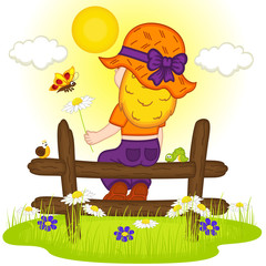 Naklejka premium girl with hat looks at sunset - vector illustration, eps