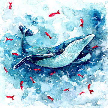 Watercolor magic whale