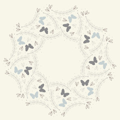 Round frame with cute plants, butterflies and petals