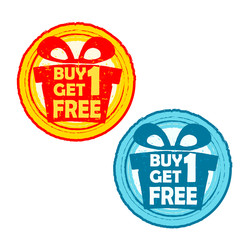 buy one get one free with gift signs, yellow red and blue drawn