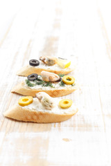 Tasty various italian sandwiches with seafood