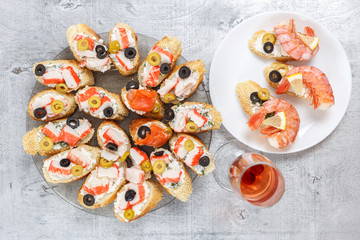 Tasty various italian sandwiches with seafood