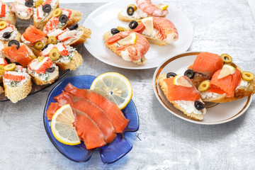 Tasty various italian sandwiches with seafood