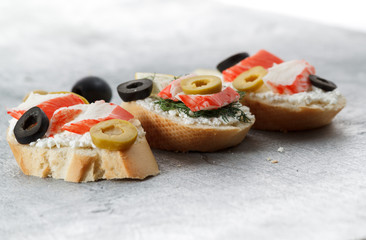 Tasty various italian sandwiches with seafood