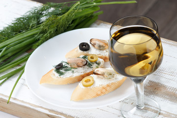 Tasty various italian sandwiches with seafood