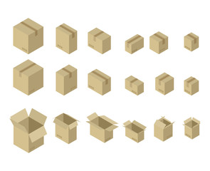 Fototapeta premium Cardboard box isometrics set. Different variants of shape and si