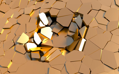 3D rendered illustration of gold damage surface, cracked texture.