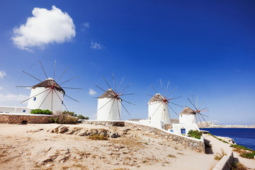 Windmills in the famous Mykonos town, Cyclades, Greece