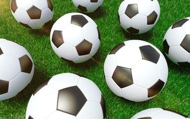 3D rendered soccer balls on the grass. Football background.