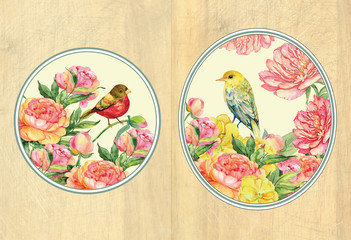 beautiful flower backgrounds for design cards, illustration watercolors. flowers and birds