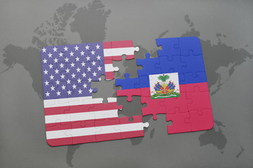 puzzle with the national flag of united states of america and haiti on a world map background