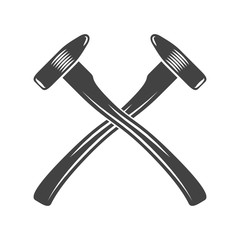 Two crossed battleaxes, battle axes. Black on white flat vector illustration, logo element isolated on white background