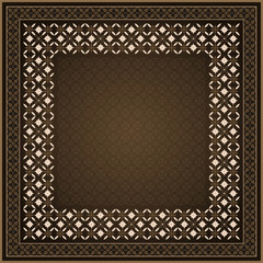 Decorative golden frame on brown background.