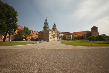 Naklejka premium Panoramic view of courtyard of Wawel Royal Castle with Zygmunt Cathedral, Poland 