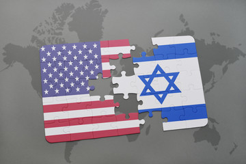 puzzle with the national flag of united states of america and israel on a world map background