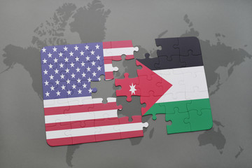 puzzle with the national flag of united states of america and jordan on a world map background