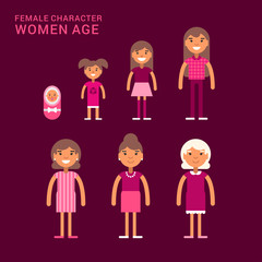 Women age. Life cycle. Different generations of women. From a cradle to a grave. Flat vector illustration