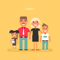 A family of four. Mom, dad, son, daughter. Colored flat vector illustration on yellow background