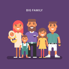 Big family of 6 members, parents and four children of different age. Colred flat vector illustration on violet background